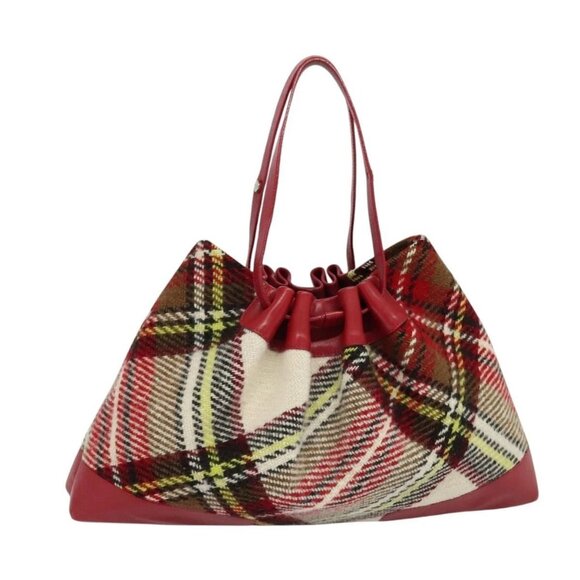 BURBERRY Nova Check Tote Bag Wool Red Silver Auth BD2042 - Picture 1 of 16